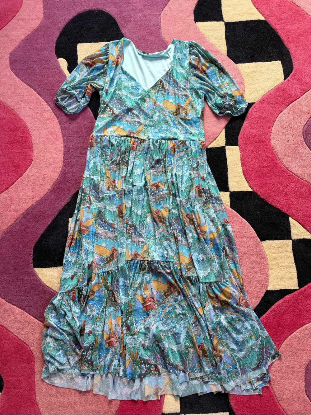 BlackMilk Mermaid Fantasy Ocean Print Aqua Tiered V-Neck Midi/Maxi Dress XL